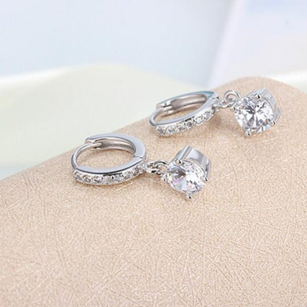 NEW Solitaire Diamond Drop Silver Hoop Earrings - Picture 6 of 9